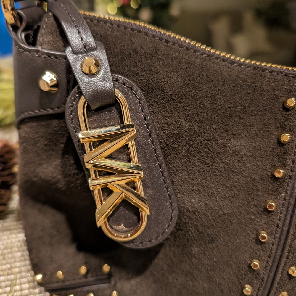 Michael Kors Chocolate Brown Suede Shoulder Bag with Gold Accents - Picture 4 of 9